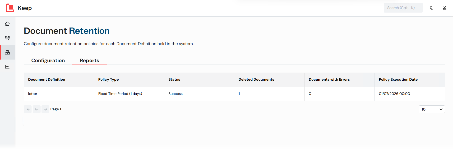 The table on the Reports tab of the Document Retention page with a single policy run row in it.